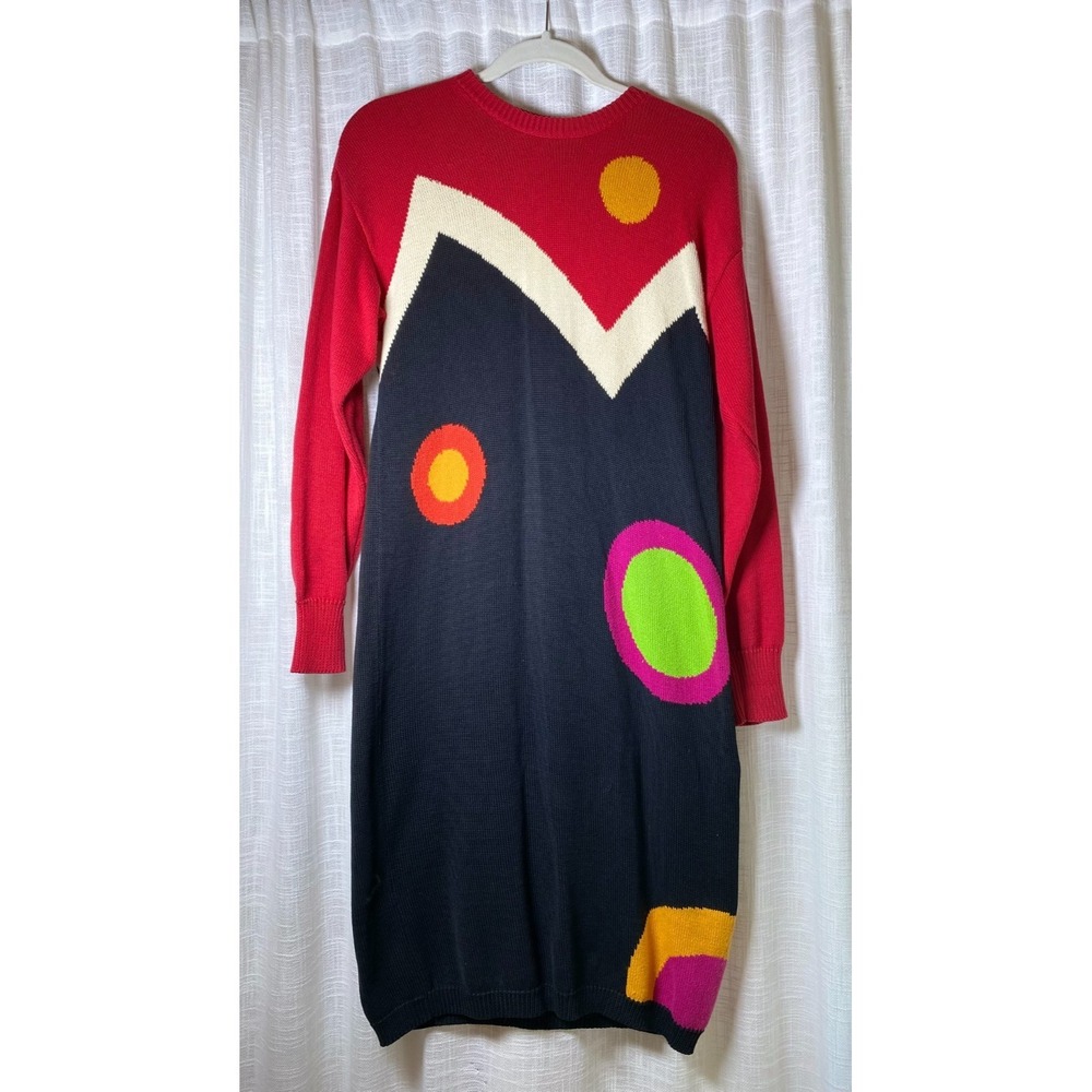 Liz Claiborne Vintage Sweater Dress, Red Geo Shapes, Button Neck, So 80's | XS